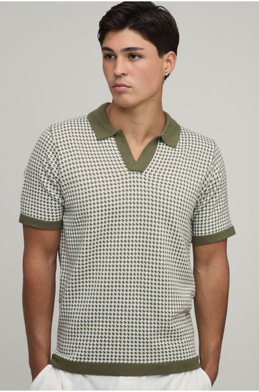 Regular Fit V Neck Houndstooth Knitted Polo - olive