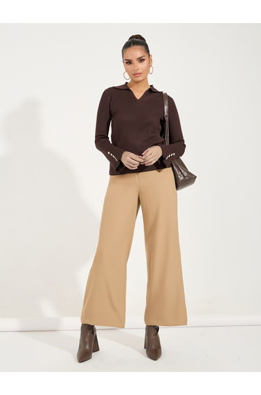 Regular Fit Ribbed Knit Sweater with Button Cuff Detail