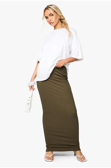 Textured Column Maxi Skirt - khaki