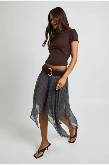 Chiffon Hanky Hem Check Midi Skirt - brown