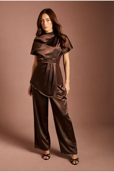 Satin Belted High Neck Top With Drape Sleeve