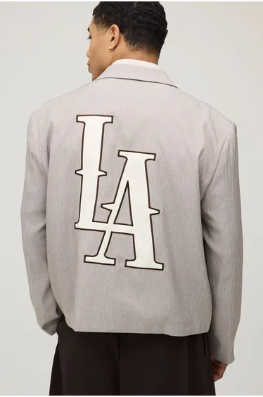 Herringbone LA Back Applique Oversized Boxy Blazer