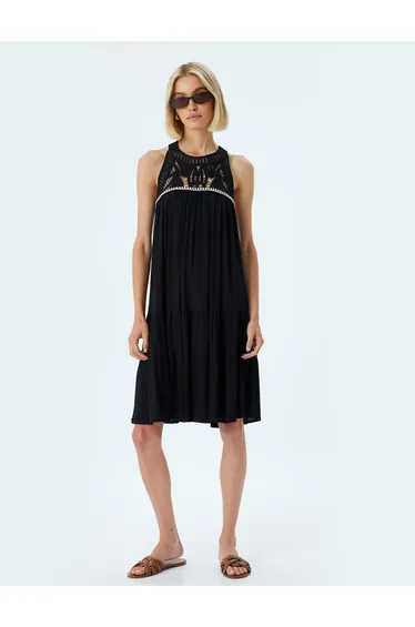 Halter Neck Viscose Dress Crochet Detail Mini Length Lined