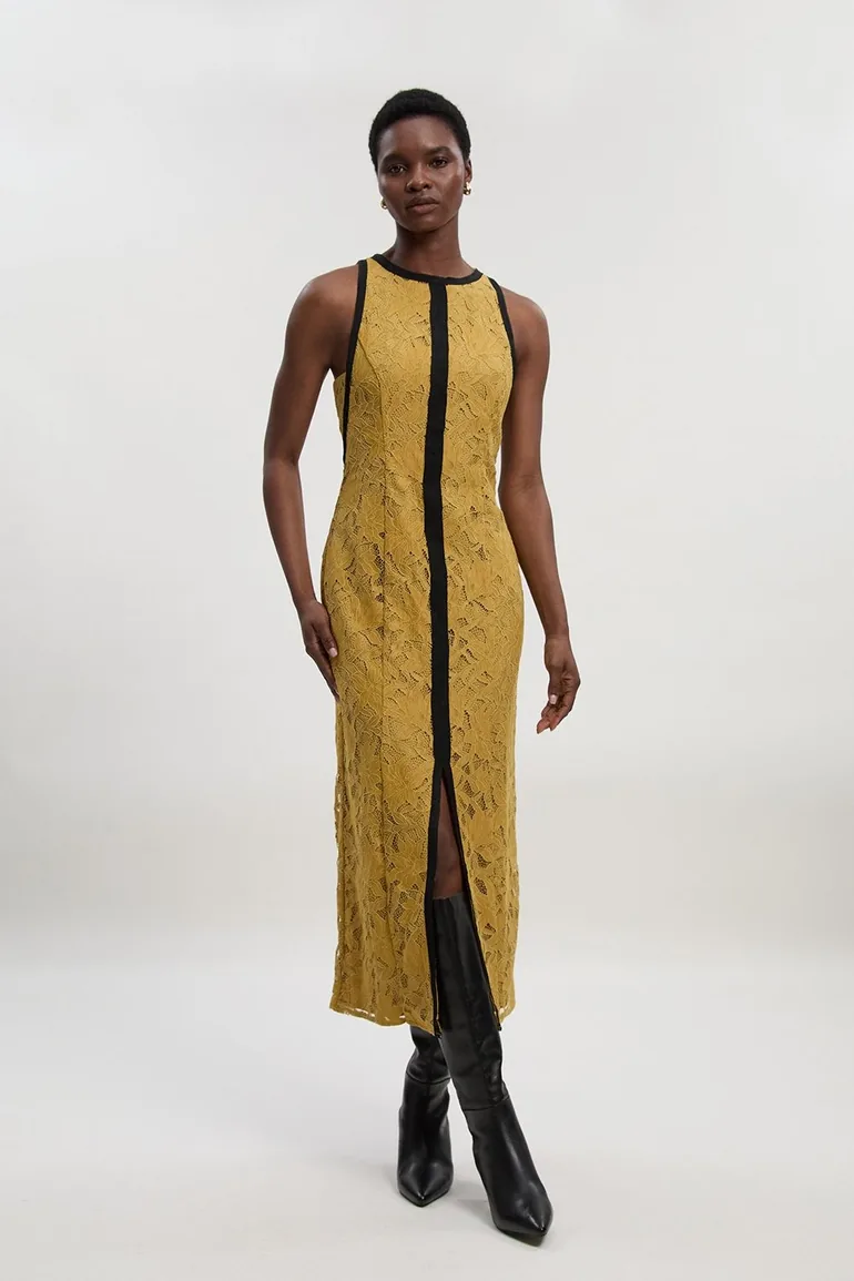 Petite Lace with black taping woven dress Karen Millen Yellow : Evening  Dresses : VogaCloset Qatar