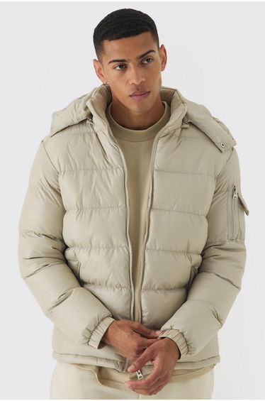 High Shine Padded Puffer Jacket in Stone - stone
