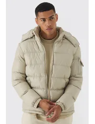 High Shine Padded Puffer Jacket in Stone - stone