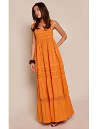Burnt Orange Linen Look Embroidered Detail Maxi Dress - 1