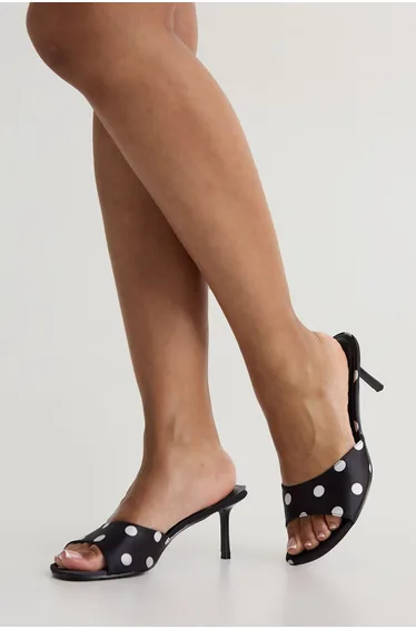 Polka Dot Low Stiletto Heeled Mules - black