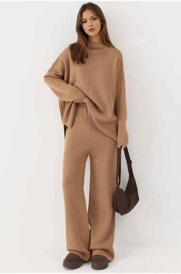 MY FASHION Ribbed Knit Co-Ord Set with Basic Sweater & Pants