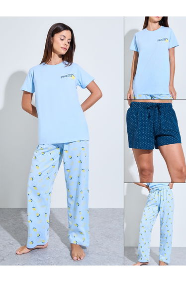 Pack of 3 - Blue Graphic Print T-Shirt, Shorts and Pyjama Set