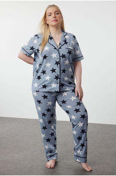 Blue Star Patterned Shirt Collar Knitted Pajama Set