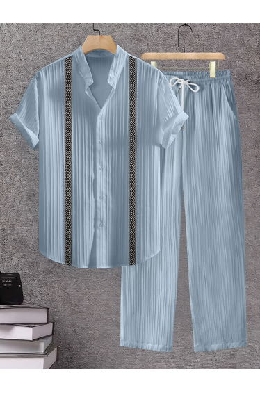Men Light Blue Jacquard Stand Collar Short Sleeve Button Front Shirt and Pants Co-Ords