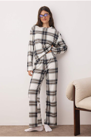 Black-White Plaid / Checkered 30/1 Jersey Knitted Pajama Set