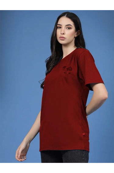 Women Maroon Oversized Printed T-shirt