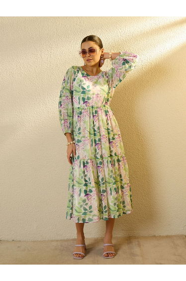 Floral Print Balloon Sleeve Tiered Midi Dress