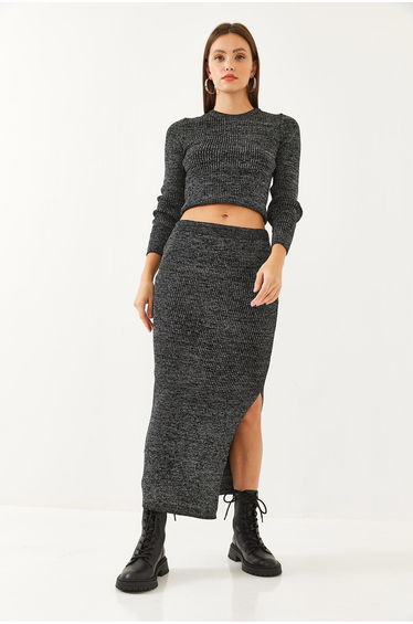 Women's Glittery Slit Detailed Knitwear Top-Bottom Set