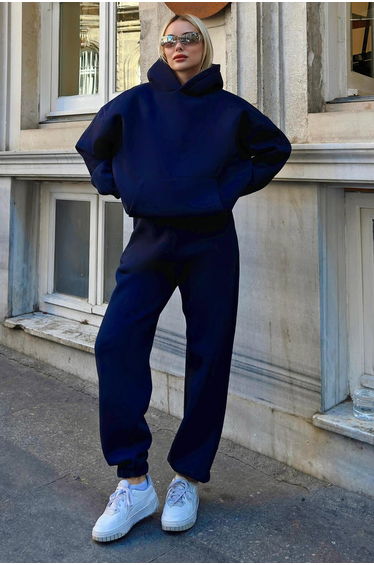 Navy Blue Felpa Hooded Sweatshirt-Sweatpants with Ribbon Inside Women's Tracksuit Set