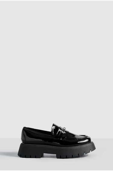 Wide Fit Platform Chunky Sole T Bar Loafers - black