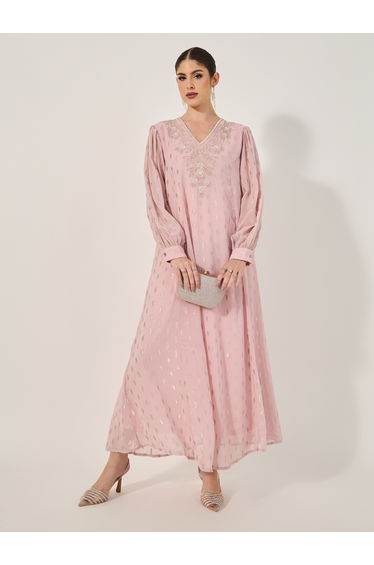 Dobby Balloon Sleeve V-Neck A-Line Maxi Dress