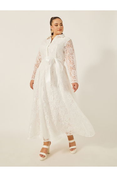 Plus Size Lace Detail Collared Neck A-Line Maxi Dress