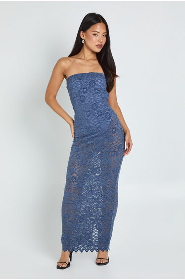 Petite Velvet Lace Bandeau Maxi Dress - blue
