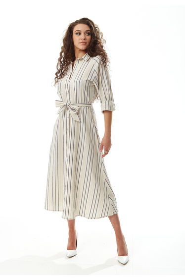 Women's Midi Dress in White with Long Sleeves and Navy Stripes.
