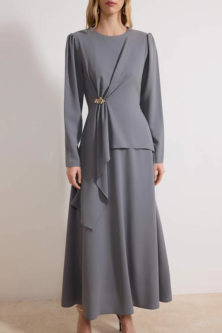 Gray A-Line Jessica Plain Weave Hijab Evening Dress - 2