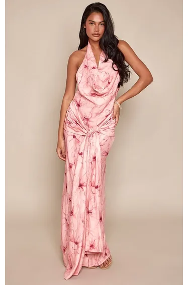 Pink Printed Halterneck Knot Detail Sleeveless Maxi Dress
