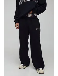 Wide Leg Ofcl Cow Applique Faux Waistband Joggers - black