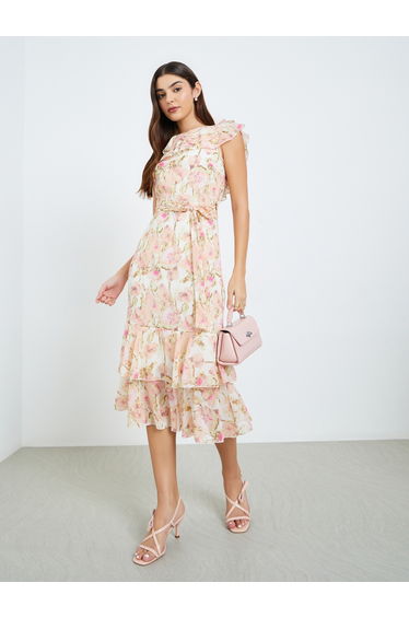 Women Floral Print Frill Sleeves Sheath Midi Dress