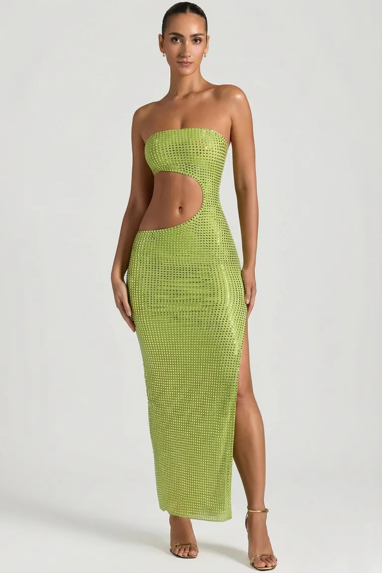 Embellished Cut-Out Bandeau Maxi Dress in Pear Green Oh Polly Green :  Premium Dresses : VogaCloset Bahrain