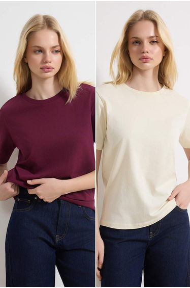 Plum-Stone 100% Cotton Crew Neck 2-Pack Knitted T-Shirt