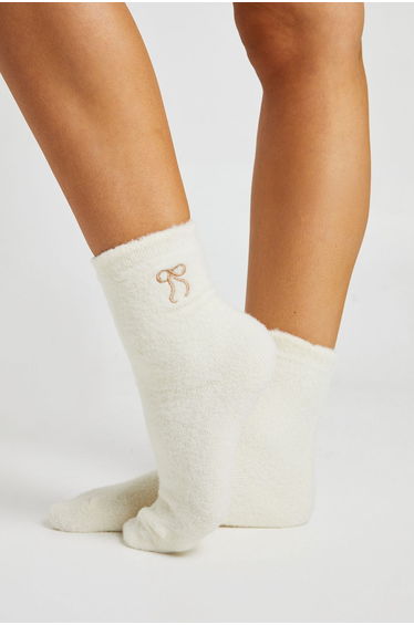 Embroidered Bow Detail Fluffy Socks - ivory