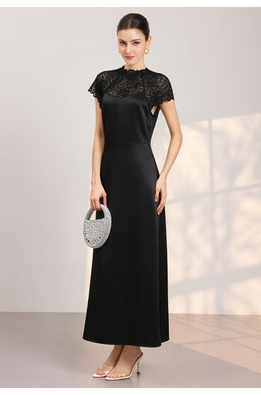 Floral Lace Yoke Satin Maxi Dress in Black