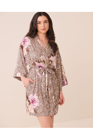 Floral Leopard Print Satin Kimono