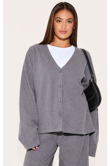 Charcoal Heavy Brushed Rib V Neck Button Up Cardigan