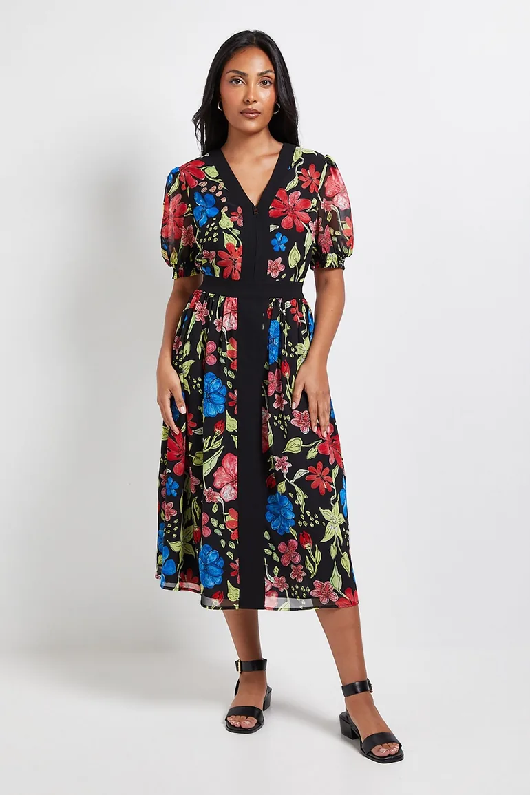 Petite Floral Zip Puff Sleeve Midi Dress