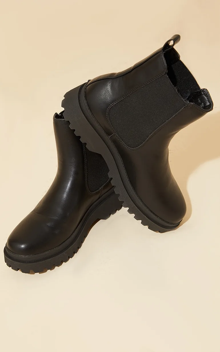 Black  Pu Round Toe Chelsea Ankle Boots - 3