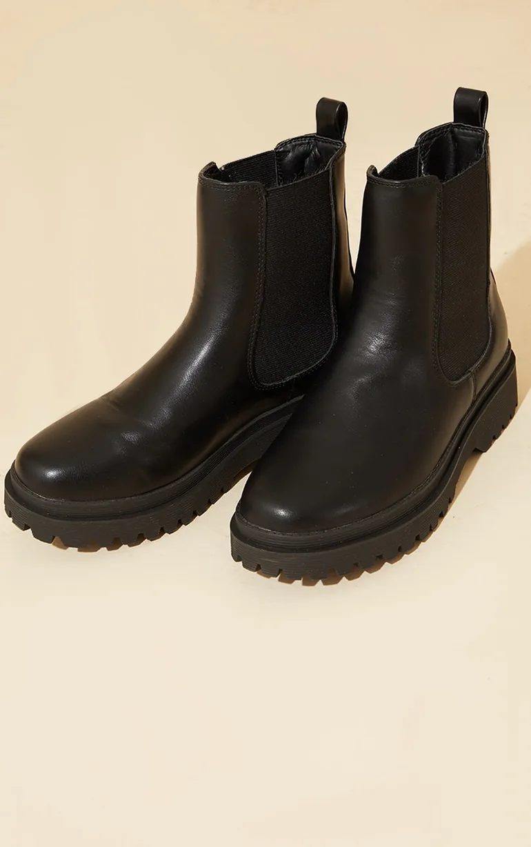 Black  Pu Round Toe Chelsea Ankle Boots - 2