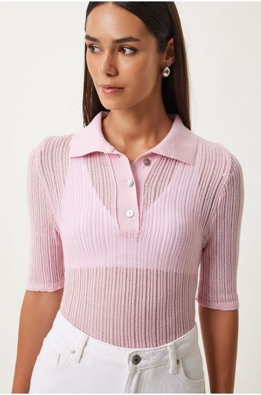 Women's Pink Polo Neck Lightly Transparent Knitwear Top