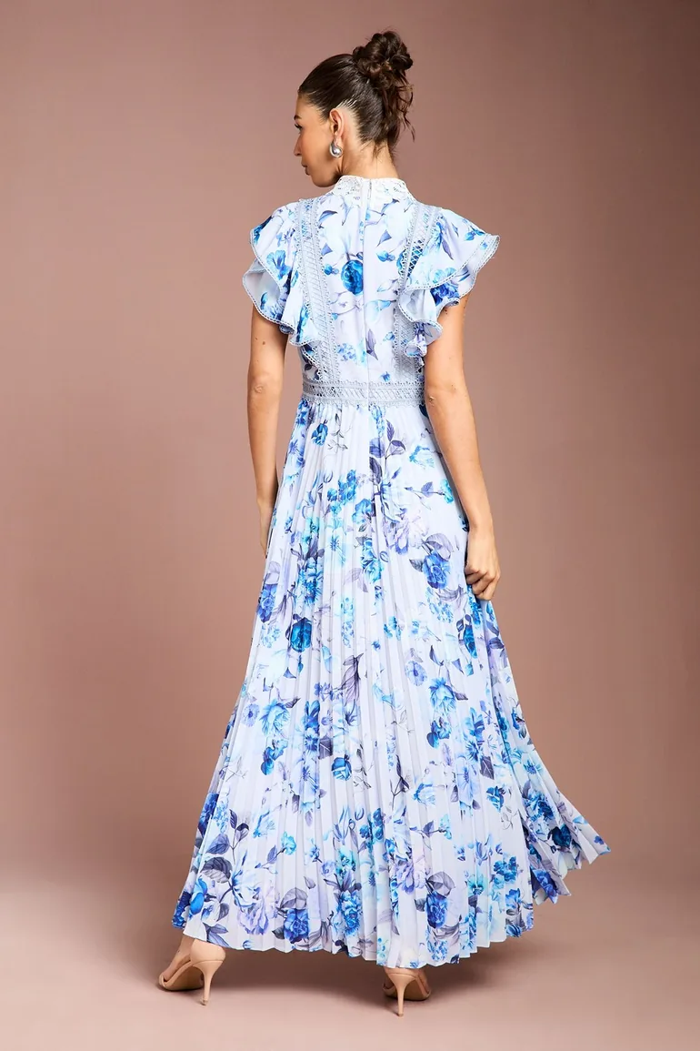 Frill Sleeve Contrast Collar Pleat Skirt Maxi Dress - 2