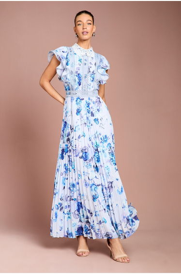 Frill Sleeve Contrast Collar Pleat Skirt Maxi Dress