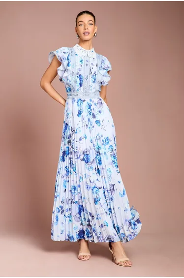 فستان ماكسي بكسرات بأكمام كشكش