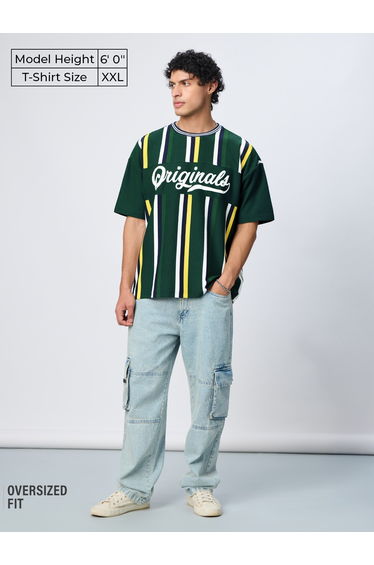 Green Striped Printed Oversized T-Shirt