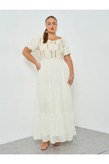 Plus Size Cream Embroidered Tiered Maxi Dress