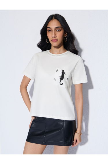 White Embroidered Cat Pocket Detail T-Shirt