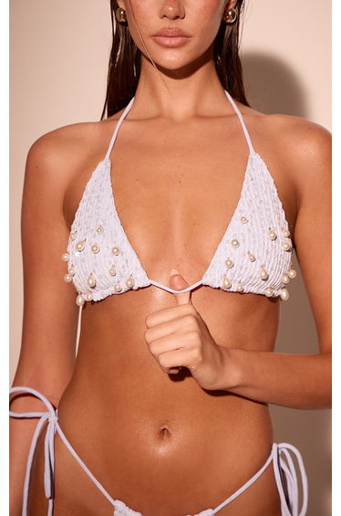 Baby Blue Pearl Droplet Trim Triangle Bikini Top