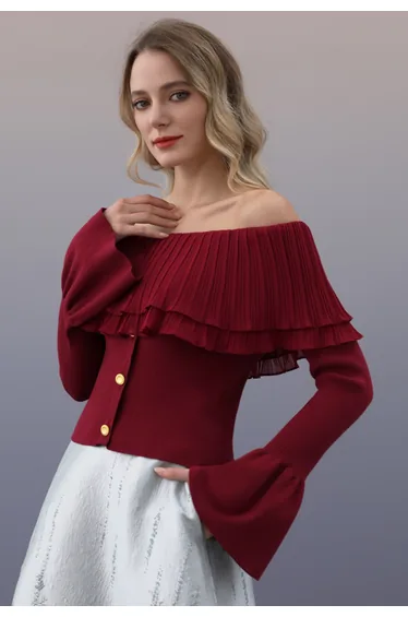 Off-Shoulder Double-Layered Pleated Spliced Knit Top in Red