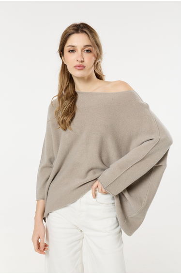 Beige Off Shoulder Relaxed Knit Jumper
