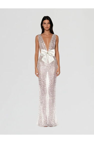 Raziya V Neck Bow Sequin Maxi Dress In White